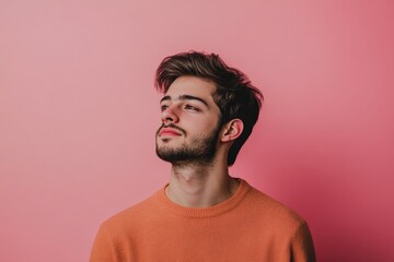 Obraz premium Young Man in Casual Sweater Posing Against a Pink Background