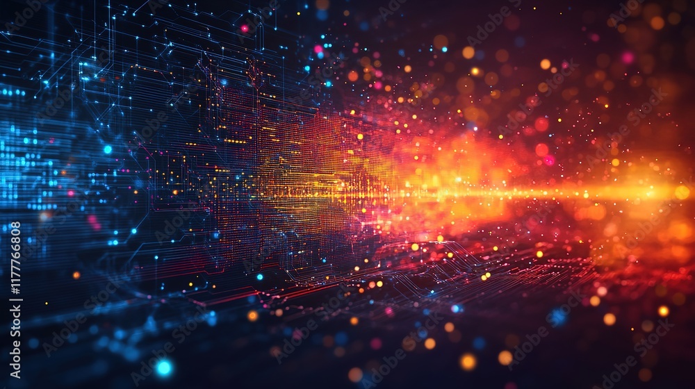 Poster an abstract technology background featuring a vibrant array of colored optical fibers, creating a vi