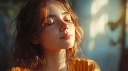 Obraz premium Young Woman with Red Hair Basking in Sunlight