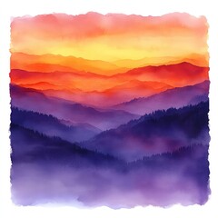 watercolor-inspired digital artwork of a vibrant sunset over layered mountains, blending hues of red, orange, and purple