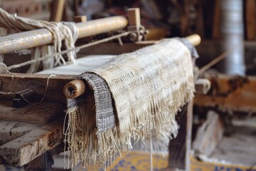 Old wooden hand loom with unfinished fabric weaving project, traditional textile production