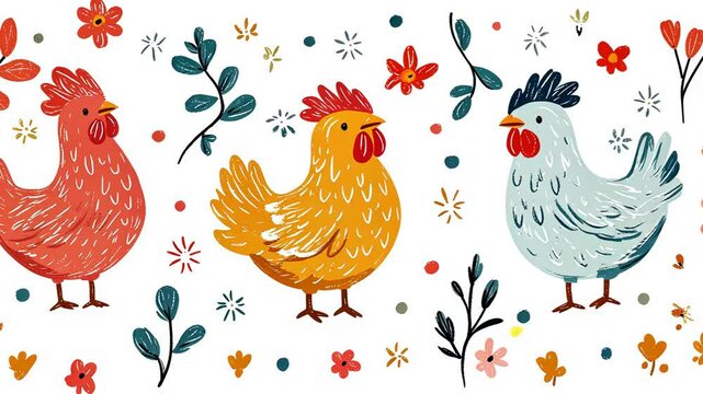 Cute Cartoon Chicken and Rooster Seamless Pattern Vector Illustration