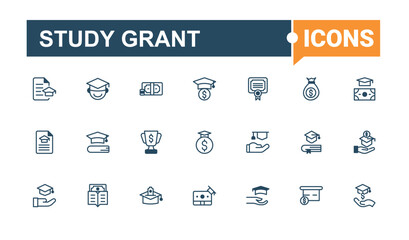 Set of Study Grant line icons. Icons academic, education, class, degree, Scholarship and more. Collection for mobile and web apps. Outline and solid pictogram.