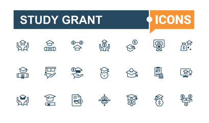 Set of Study Grant line icons. Icons academic, education, class, degree, Scholarship and more. Collection for mobile and web apps. Outline and solid pictogram.