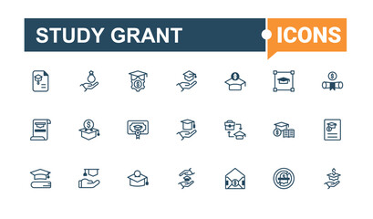 Set of Study Grant line icons. Icons academic, education, class, degree, Scholarship and more. Collection for mobile and web apps. Outline and solid pictogram.