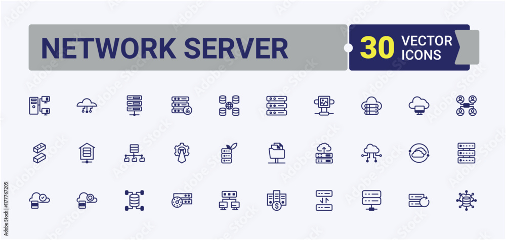 Poster network server linear icon collection. containing server, interface, security, computer, database, i