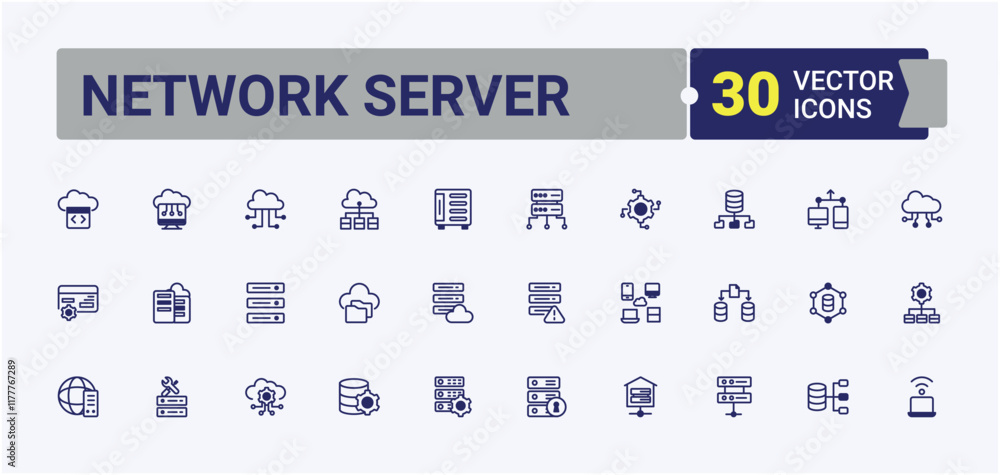 Poster network server linear icon collection. containing server, interface, security, computer, database, i