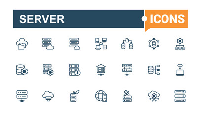 Server Year end icon set. Contains related to information, storage, lock, global, server, analytics, database, security. Minimalistic icons. Solid line editable stroke.