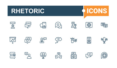 Rhetoric icons set. Contains such icons as platform, discussion, triangle, ballot, leader, election, elocution and more. Web icons. Vector illustration in modern line style.