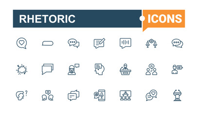 Rhetoric icons set. Contains such icons as platform, discussion, triangle, ballot, leader, election, elocution and more. Web icons. Vector illustration in modern line style.