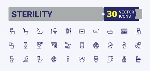 Sterility icon collection. It contains symbols to basin, sanitary, tub, hand, house, ss, bin and more. Simple icon designs. Outline and solid pictogram.