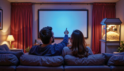 Naklejka premium Couple watching movie in cozy home theater with popcorn machine 