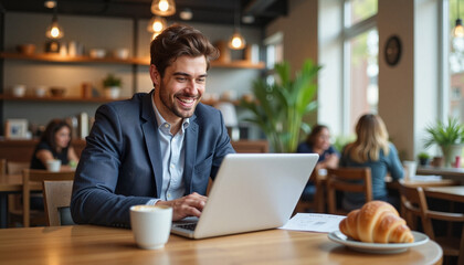 Delighted young man reading tax refund on laptop in coffee shop, financial joy