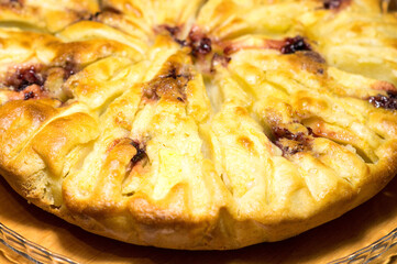 Cooking. Apple pie background with cherry jam filling