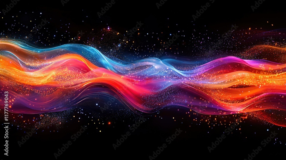 Poster an abstract technology background featuring a vibrant array of colored optical fibers, creating a vi