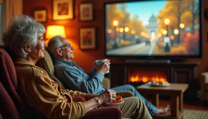 Elderly couple enjoying movie night at home with snacks and fireplace
