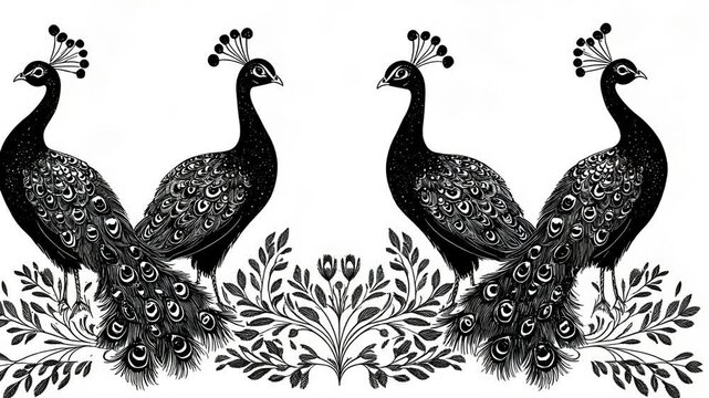 Charming Vintage Vector Illustration of Peacocks and Other Birds in a Floral Heart Pattern