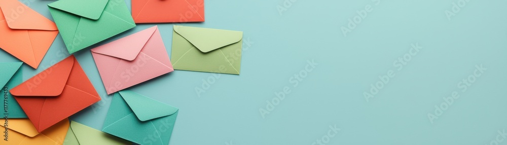 Poster a collection of colorful envelopes scattered on a soft blue background, creating a vibrant and cheer