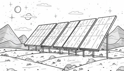 Line art illustration of solar panels in a mountainous landscape. Ideal for coloring books, educational materials, or eco-conscious designs promoting renewable energy.