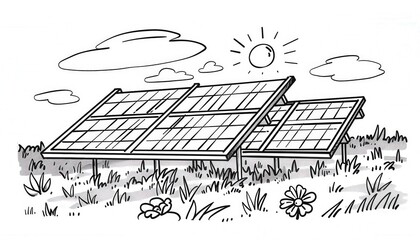 Hand-drawn solar panels absorbing sunlight. Ideal for educational resources about renewable energy or coloring pages promoting eco-consciousness.