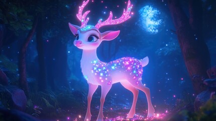 Glowing deer, enchanted forest, moonlit night, magical animation, children's book