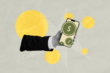 Exclusive art banner collage of hand hold phone screen dollar coin income success miner profit...