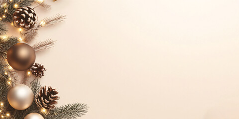 Gold and brown festive balls on a Christmas tree on mocha mousse, beige background. Banner template for Christmas, New Year and festive winter parties and sales with space for text	