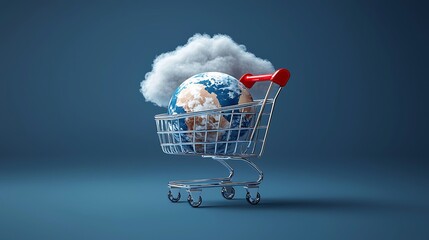 Earth in shopping cart, cloud overhead, blue background; climate change impact illustration.