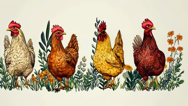 Cartoon Illustration of Farm Chickens Including Hen Rooster and Cockerel on a White Background