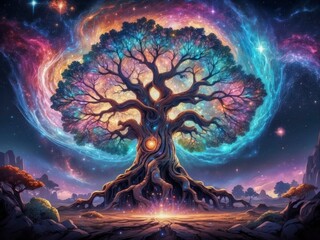 Mystical tree of stars and galaxies. Vibrant swirling cosmic landscape background
