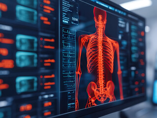detailed medical interface displaying digital X ray of human skeleton with data overlays in futuristic setting