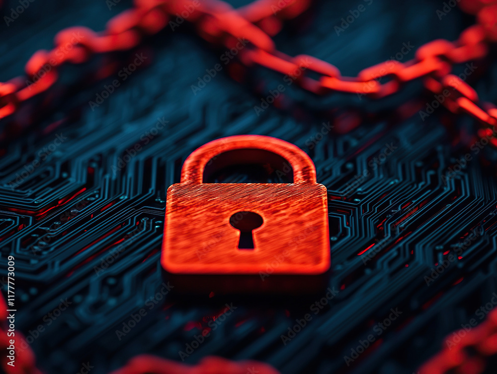 Poster glowing red padlock symbol on dark circuit board background, representing cybersecurity and data pro