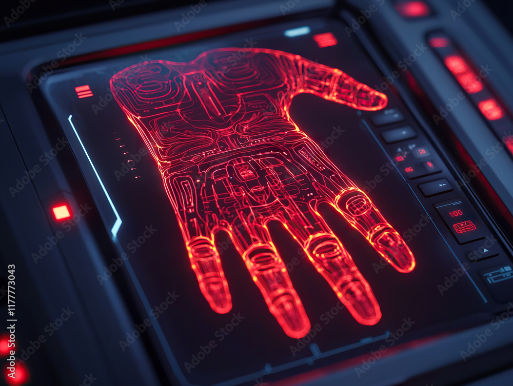 Poster glowing red biometric hand scanner with futuristic interface, used for secure access in high tech en