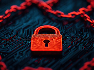 glowing red padlock symbol on dark circuit board background, representing cybersecurity and data...