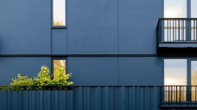 Contemporary building features bold lines and large windows, framed by subtle greenery, as natural light illuminates the space