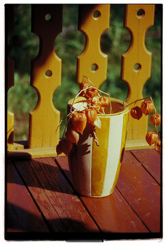 Decorative pot with dried flowers on wooden balcony during sunset.