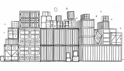 Hand-drawn cargo containers stacked in a shipyard. Ideal for logistics, shipping, or import/export-related visuals. Use for website illustrations, infographics, or educational materials.
