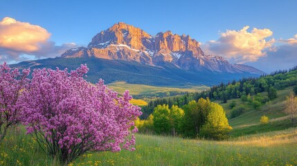 Pink blooms at sunrise by mountain.