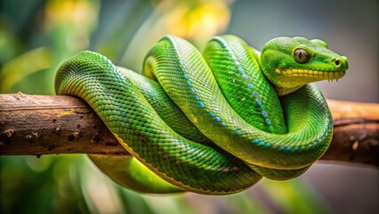 Fototapeta premium Close-up: A green snake's graceful form, poised on a verdant branch.
