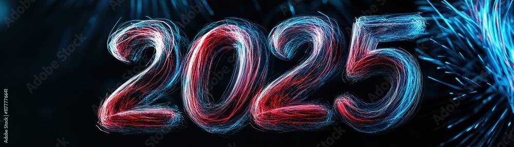Poster visual representation of the year 2025 with vibrant colors and dynamic lights in a festive style.