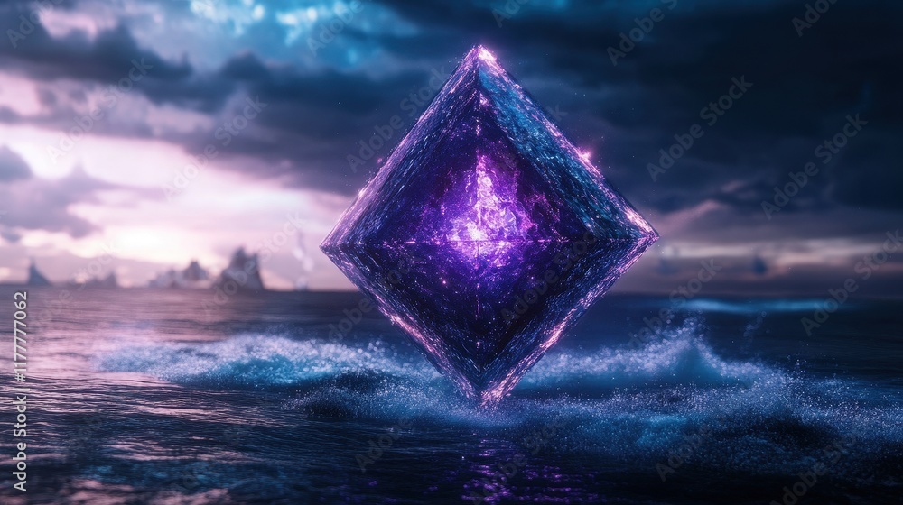 Poster a stunning digital representation of a glowing cube hovering above the ocean waves.