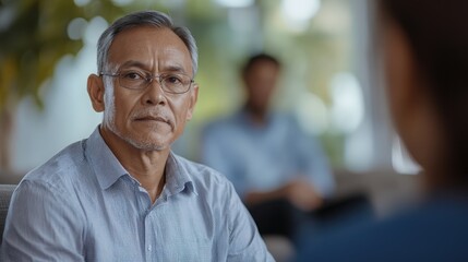Focused Senior Man Engaged in Intense Conversation with Listener