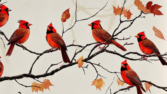 Cute Colorful Cardinals on Tree Branch with Flowers in Spring Vector Illustration Design