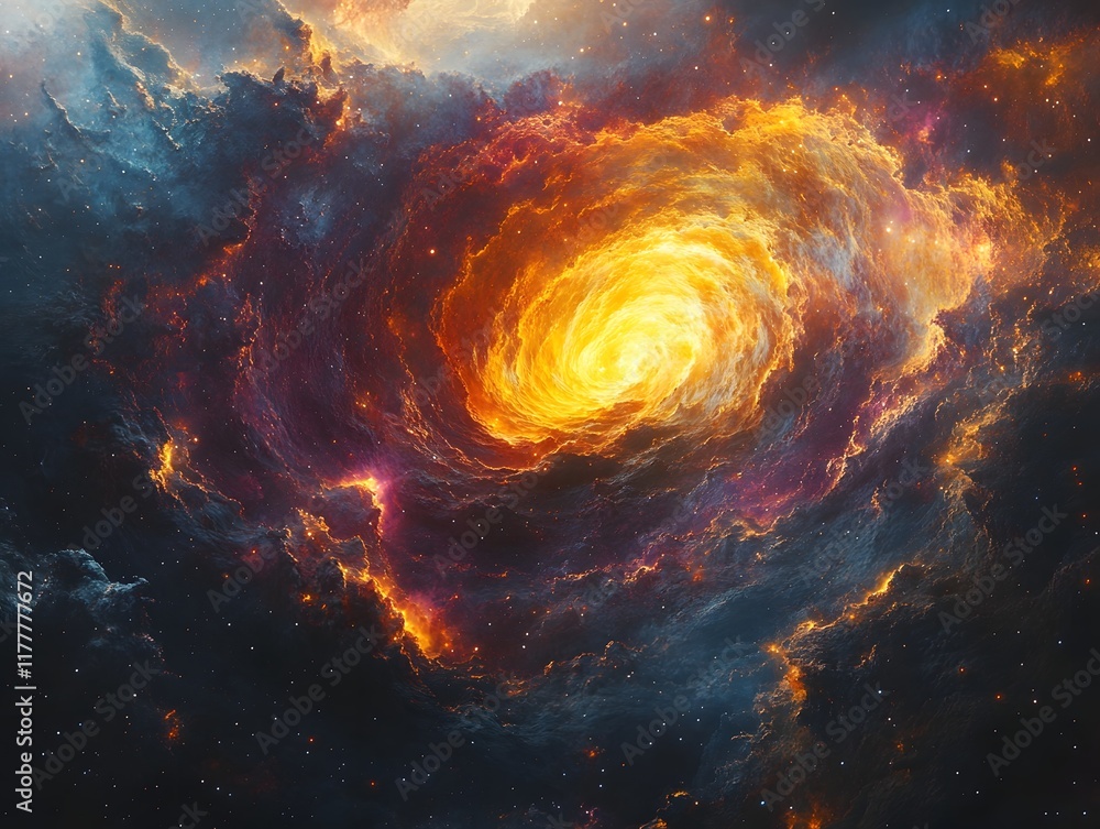 Poster captivating cosmic nebula with cascading stellar matter and pulsating cores of light