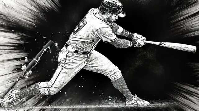 Dynamic Baseball Player Running Vector Sketch Illustration in Black and White