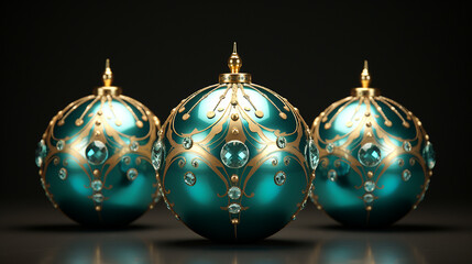 Three christmas balls with gold and teal orname