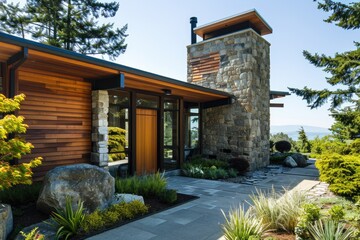Modern Cedar-Clad Home: A Stunning Architectural Masterpiece with a Grand Stone Chimney