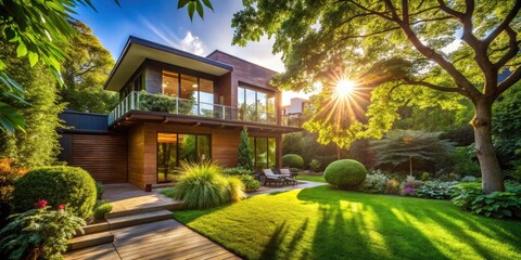 Obraz premium Modern architecture blends seamlessly with artful landscaping in this shady oasis.