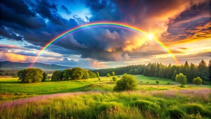 Fototapeta premium A Background photo of a whimsical meadow with a rainbow fluffy clouds. 