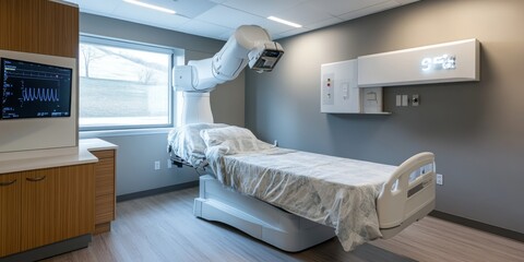Modern hospital room featuring advanced medical equipment and a comfortable patient bed. The design is clean and functional with a calming color scheme. Perfect for showing healthcare settings. AI